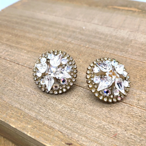 Vintage Button Earrings / Crystal Encrusted Clip Ons - Picture 1 of 4